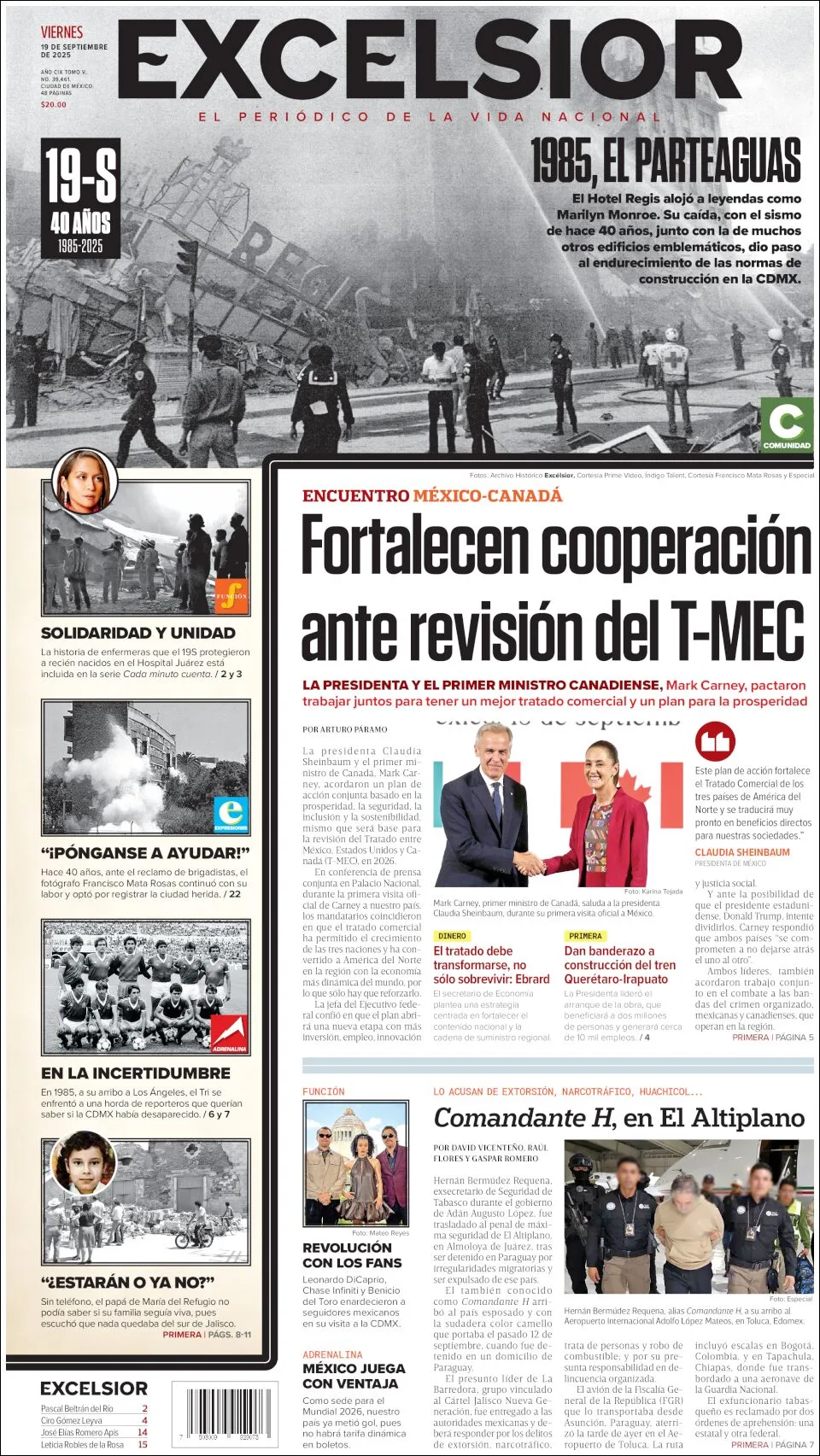 Portada de Excelsior del viernes, 19 de septiembre de 2025