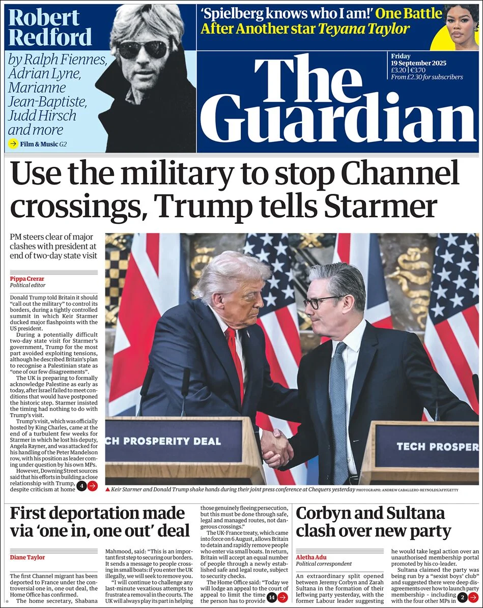 Portada de The Guardian (reino Unido) del viernes, 19 de septiembre de 2025