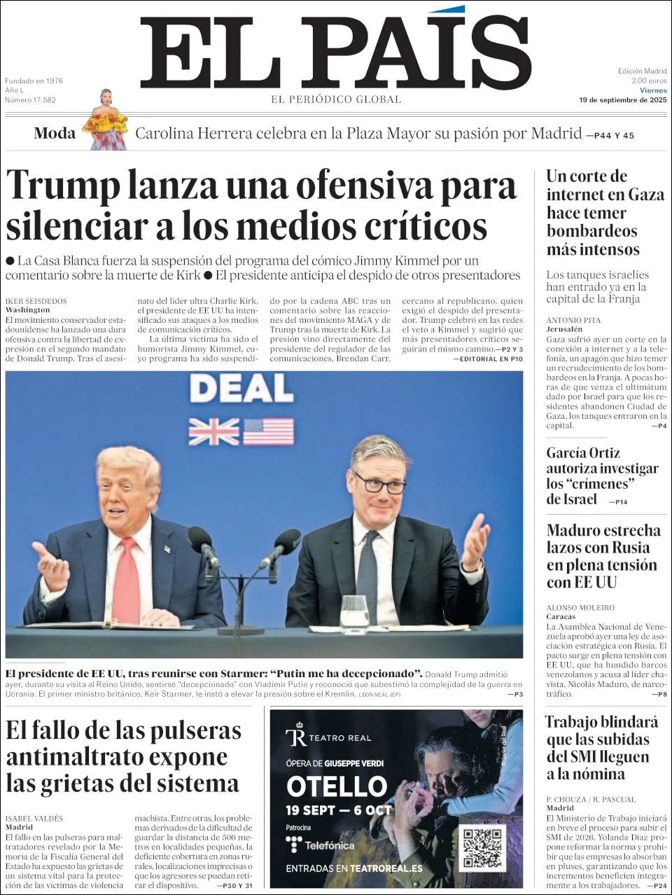 Portada de El Pais del viernes, 19 de septiembre de 2025