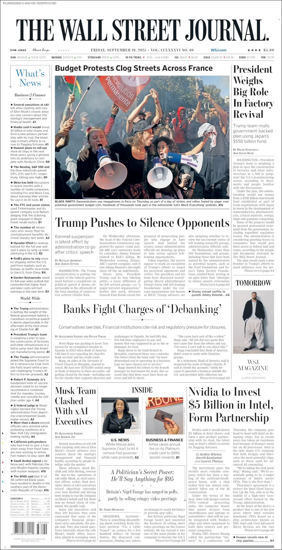 Portada de The Wall Street Journal del viernes, 19 de septiembre de 2025