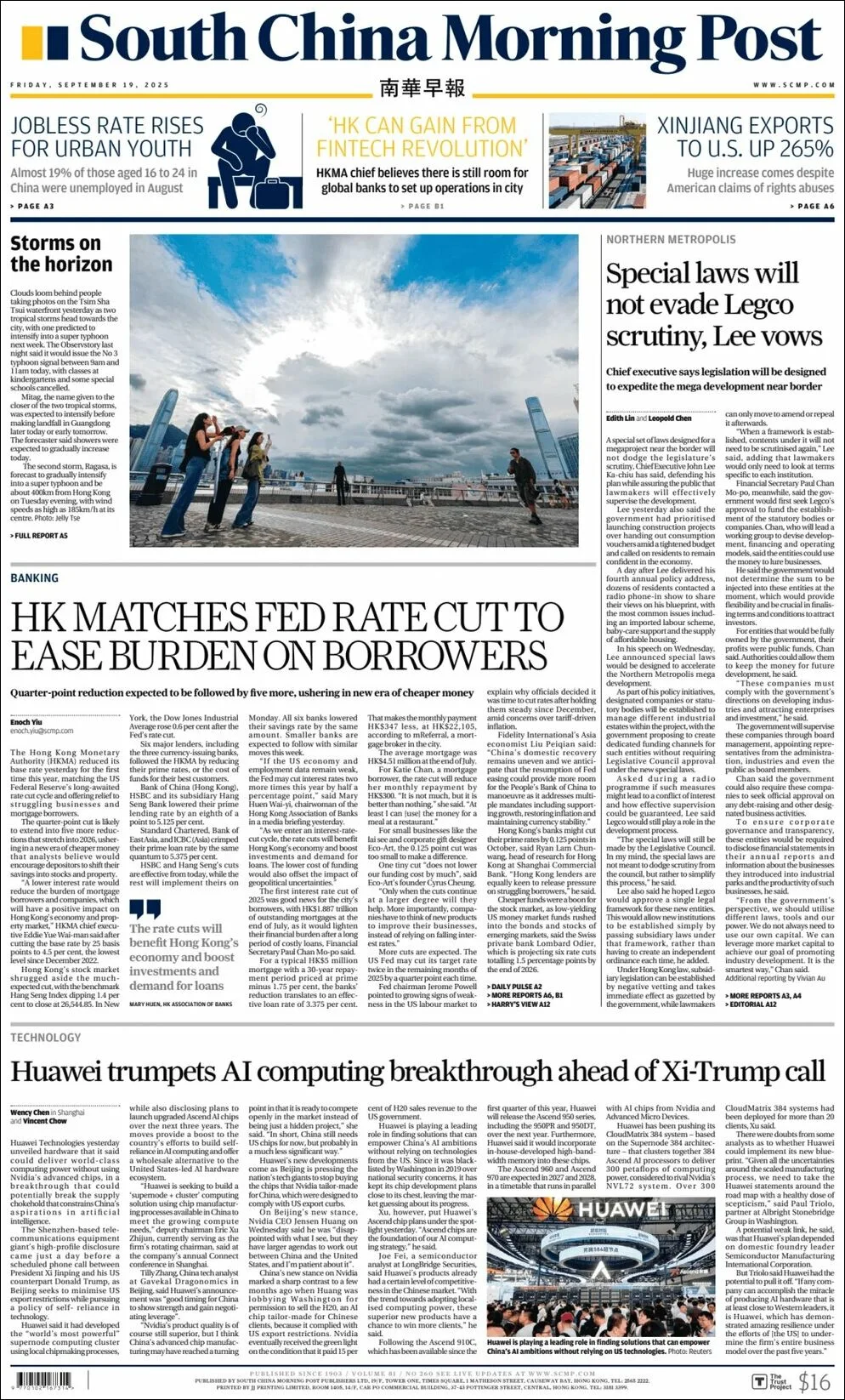 Portada de South China Morning Post del viernes, 19 de septiembre de 2025