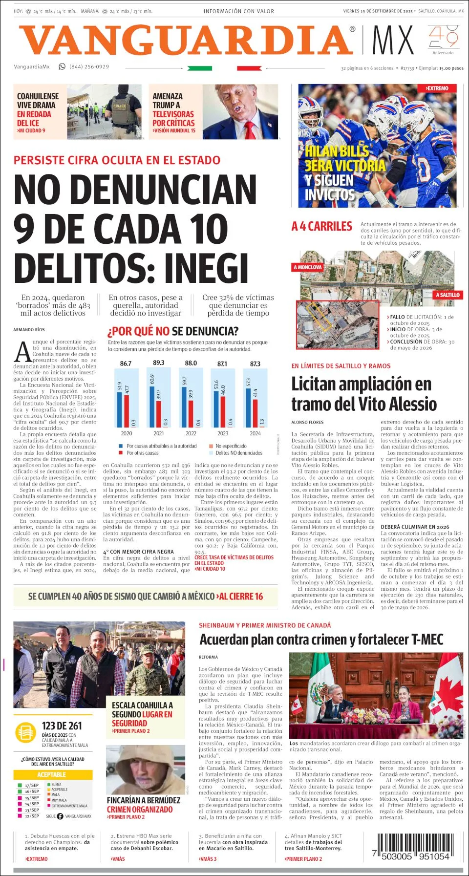Portada de Vanguardia del viernes, 19 de septiembre de 2025