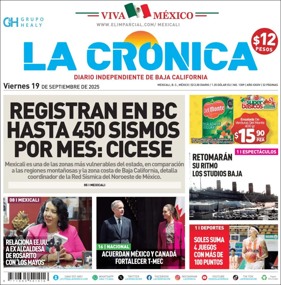 Portada de La Cronica del viernes, 19 de septiembre de 2025