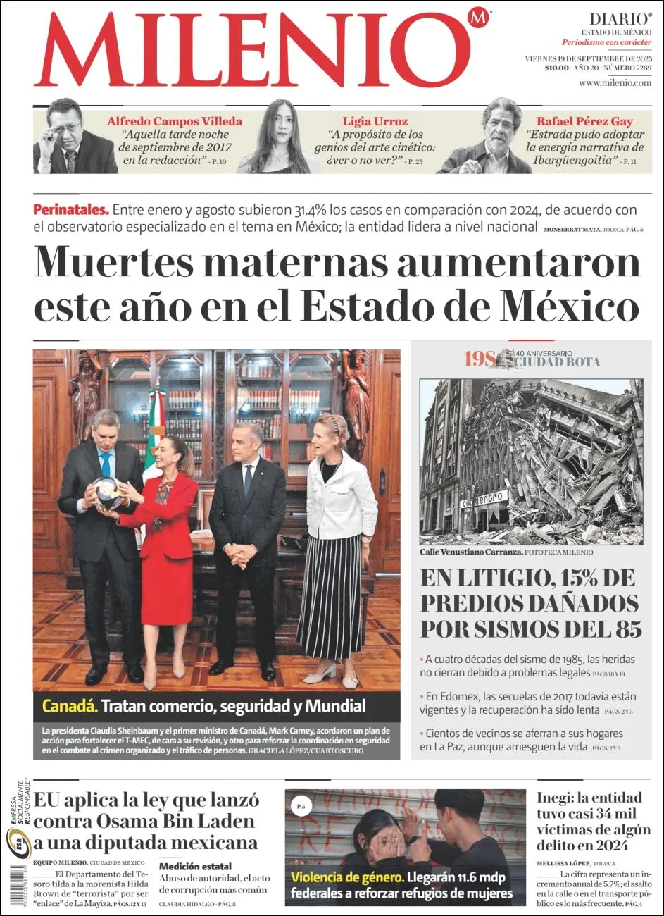 Portada de Milenio Edo de Mexico del viernes, 19 de septiembre de 2025