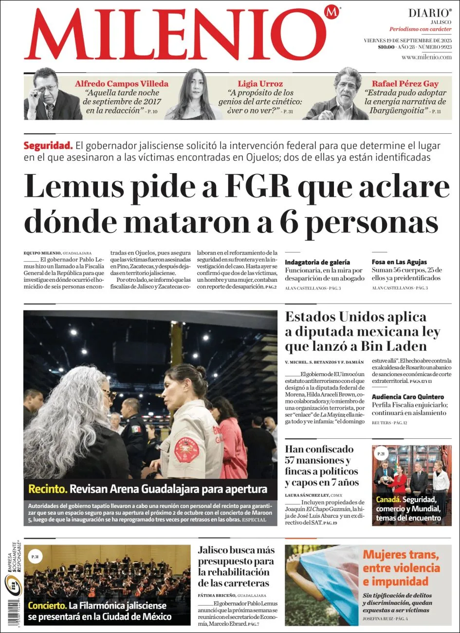 Portada de Milenio Jalisco del viernes, 19 de septiembre de 2025