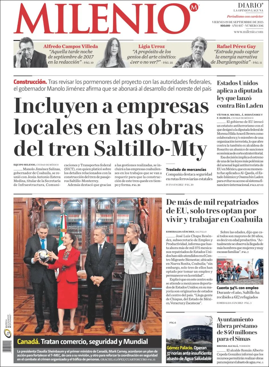 Portada de Milenio Laguna del viernes, 19 de septiembre de 2025