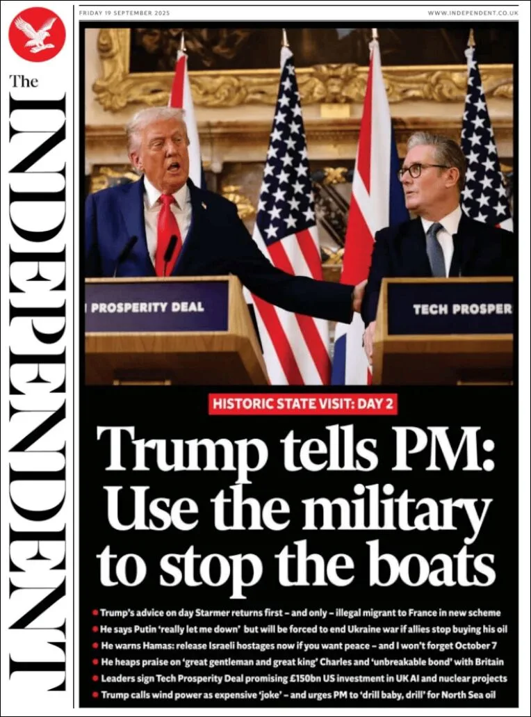 Portada de The Independent del viernes, 19 de septiembre de 2025