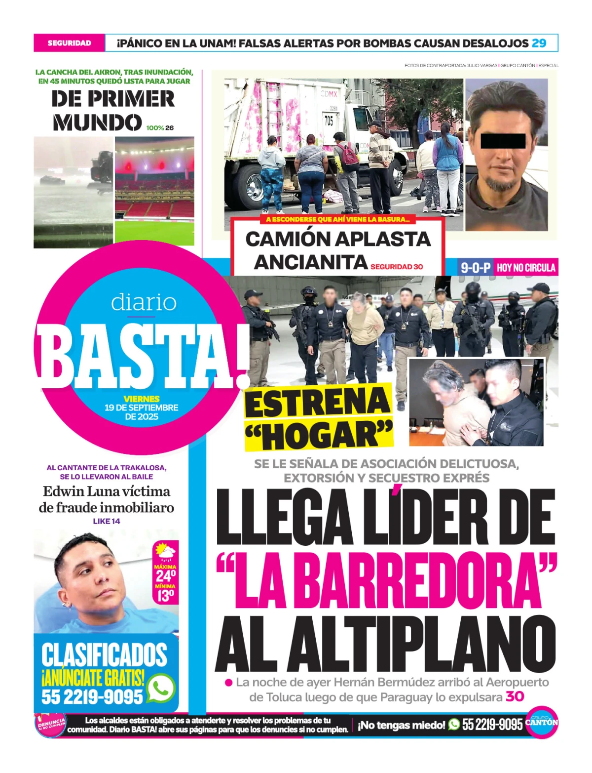Portada de Basta! (contraportada ) del viernes, 19 de septiembre de 2025