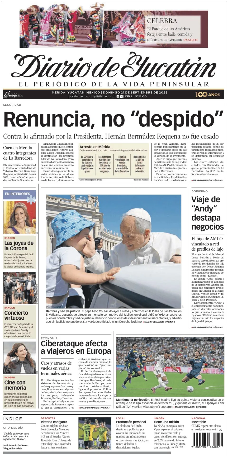 Portada de Diario de Yucatán del domingo, 21 de septiembre de 2025
