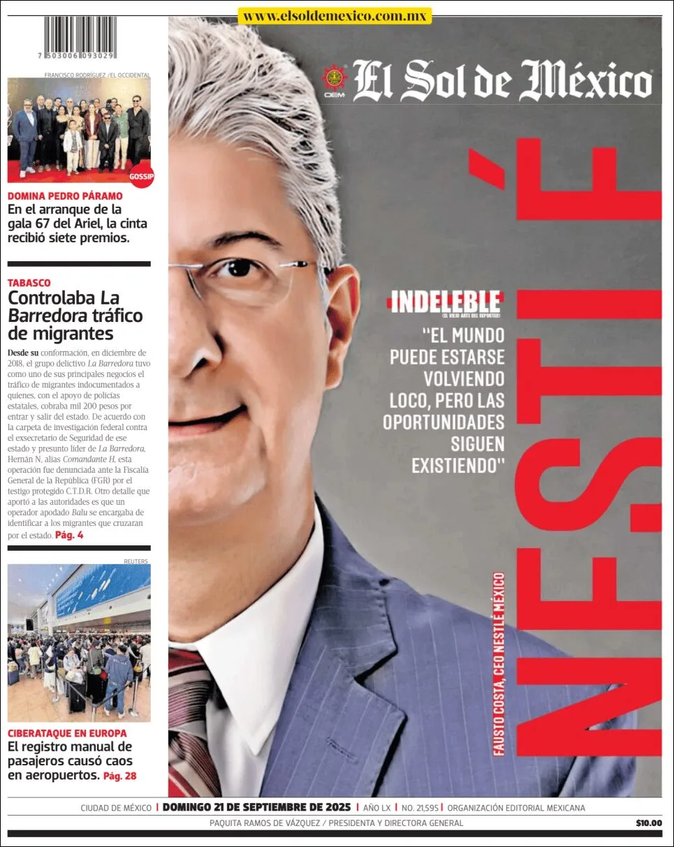 Portada de El Sol de Mexico del domingo, 21 de septiembre de 2025