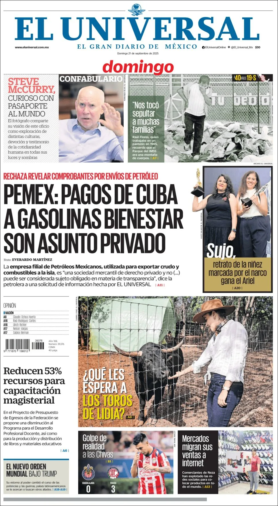 Portada de El Universal del domingo, 21 de septiembre de 2025