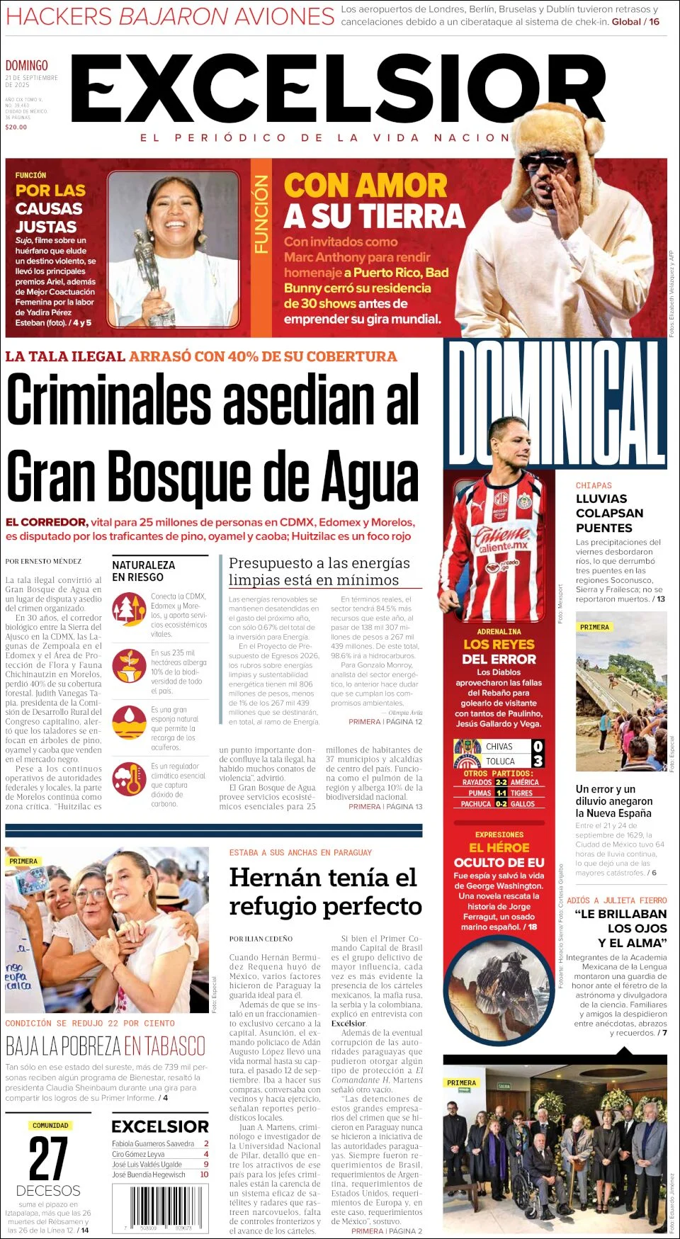 Portada de Excelsior del domingo, 21 de septiembre de 2025