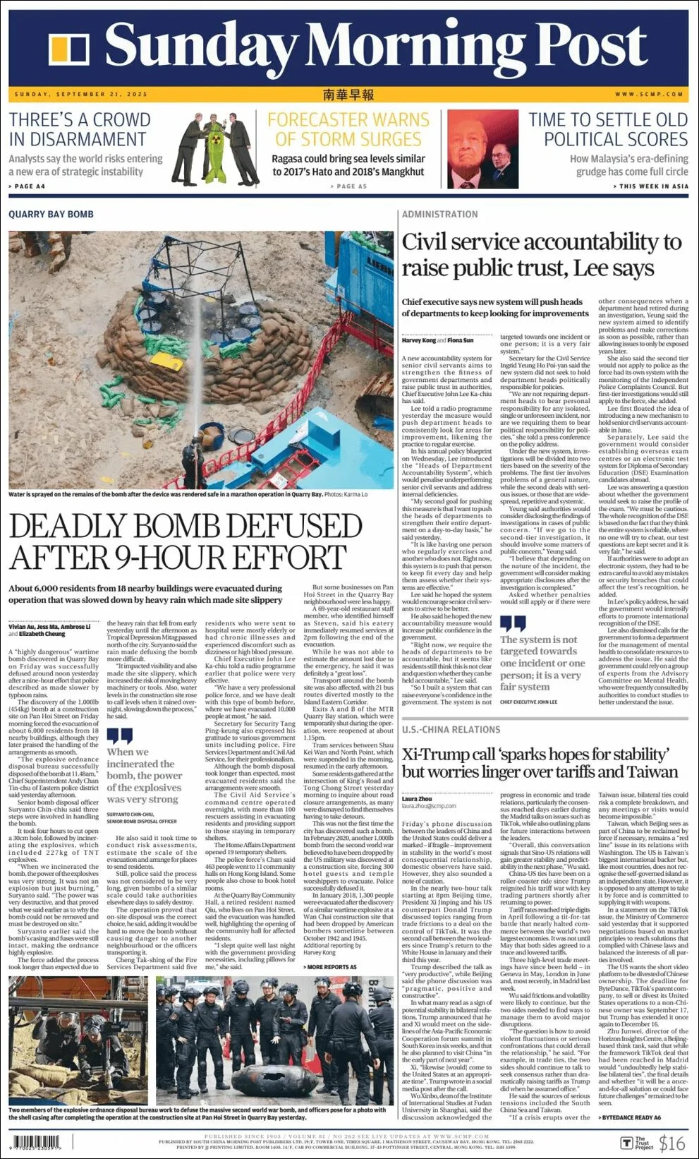 Portada de South China Morning Post del domingo, 21 de septiembre de 2025