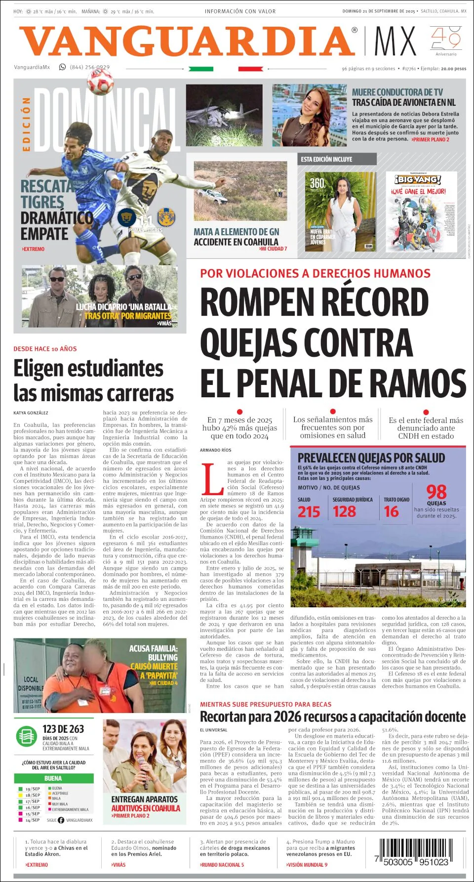 Portada de Vanguardia del domingo, 21 de septiembre de 2025