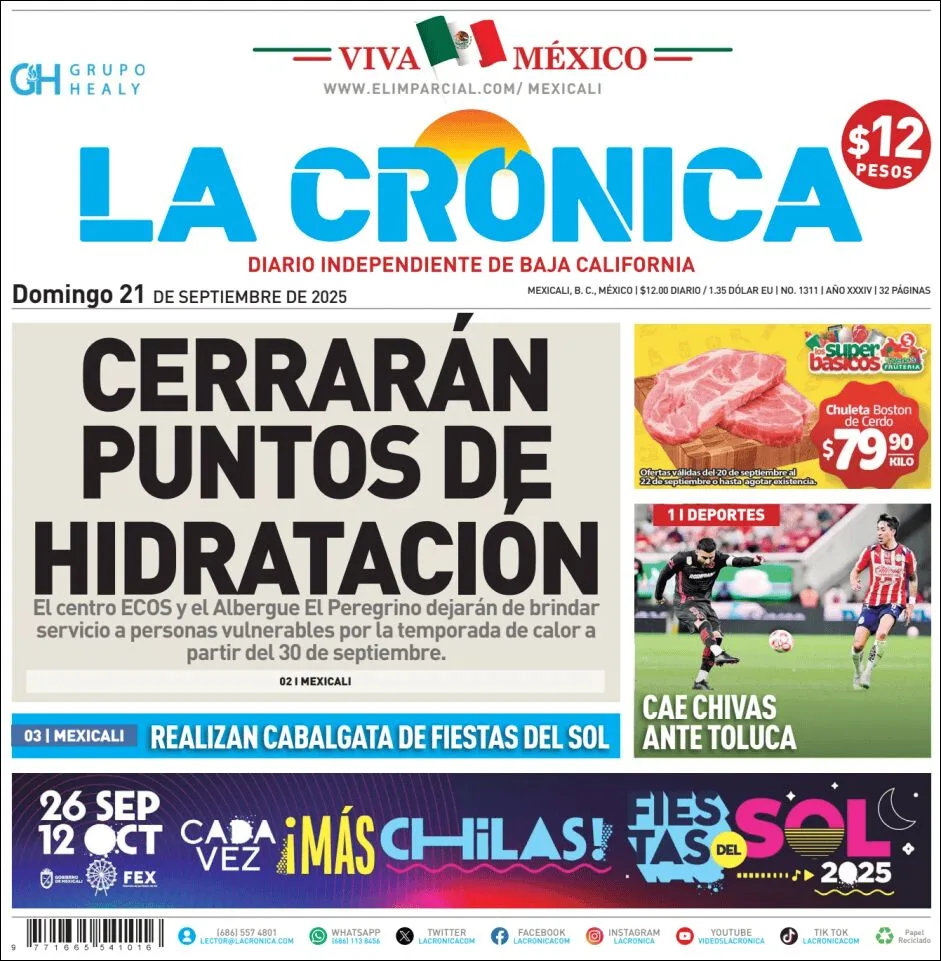 Portada de La Cronica del domingo, 21 de septiembre de 2025