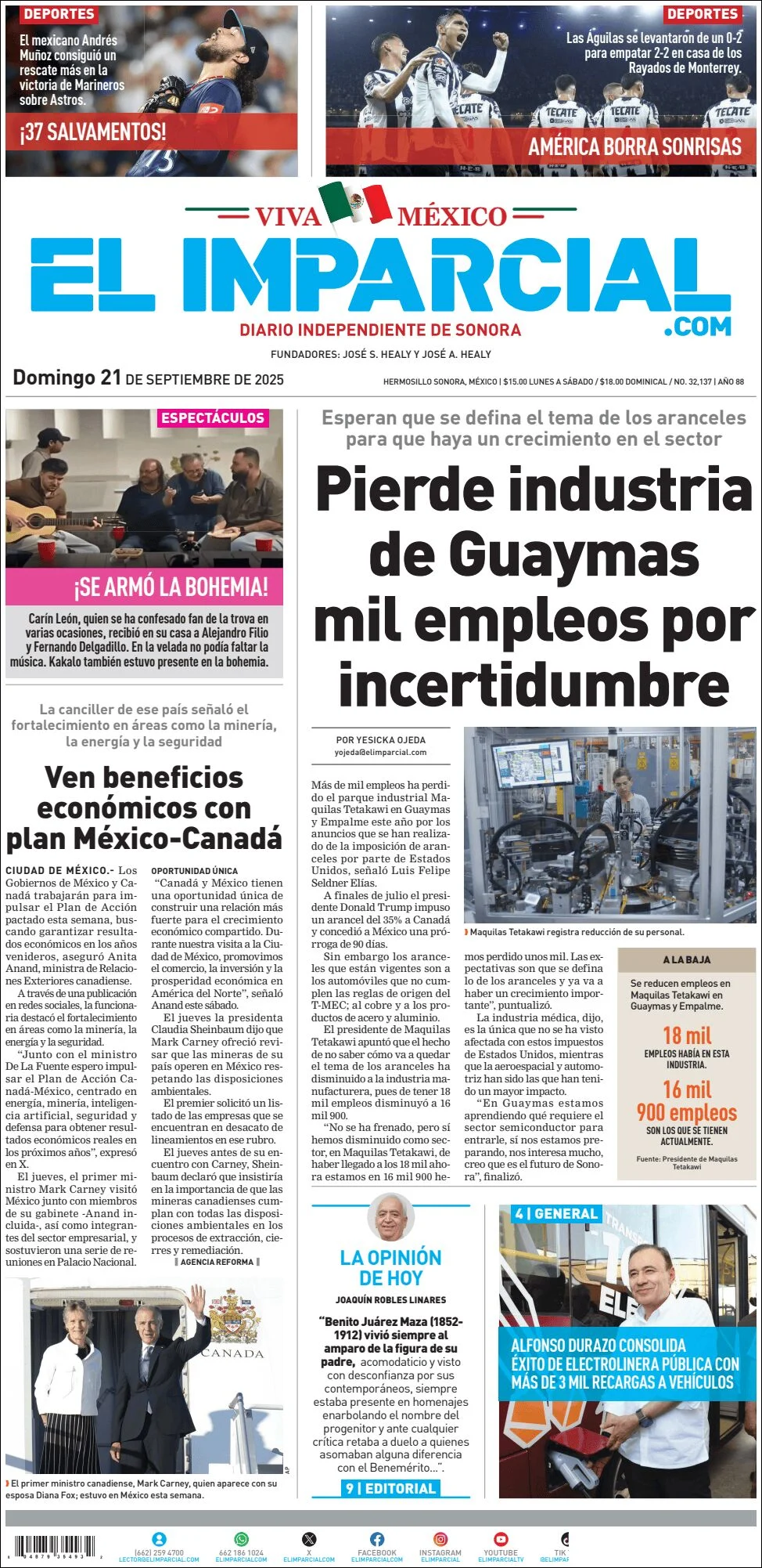 Portada de El Imparcial del domingo, 21 de septiembre de 2025
