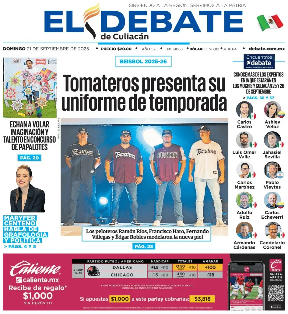 Portada de El Debate de Culiacan del domingo, 21 de septiembre de 2025