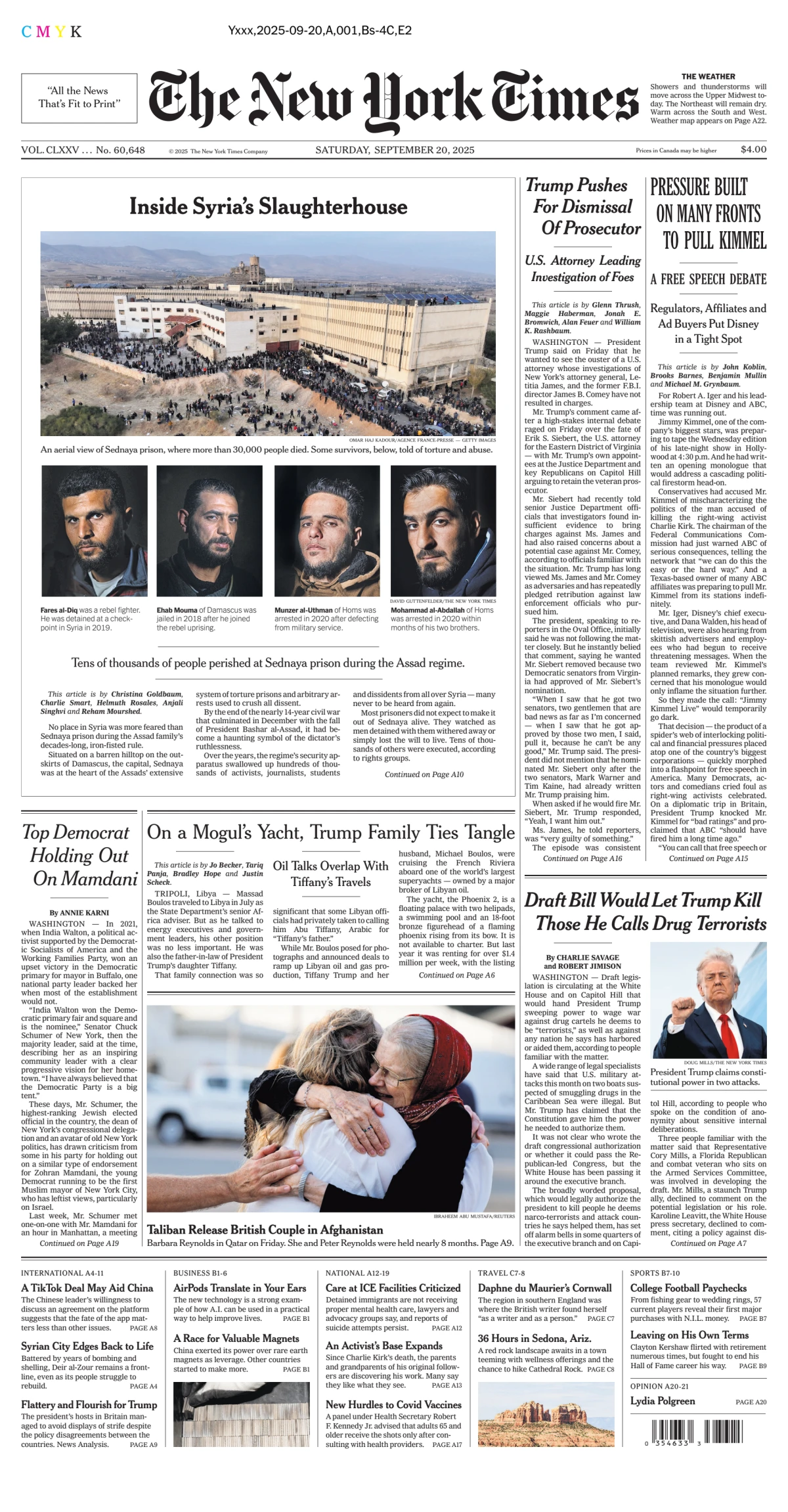Portada de The New York Times (national) del sábado, 20 de septiembre de 2025
