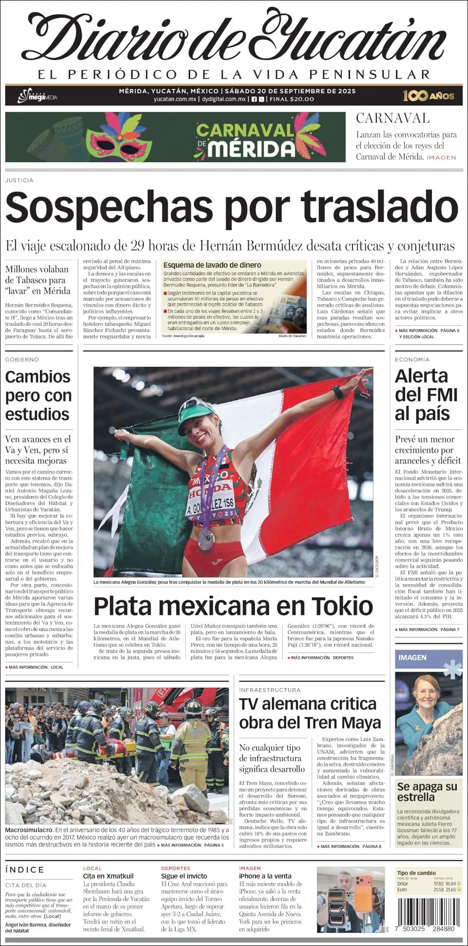 Portada de Diario de Yucatán del sábado, 20 de septiembre de 2025