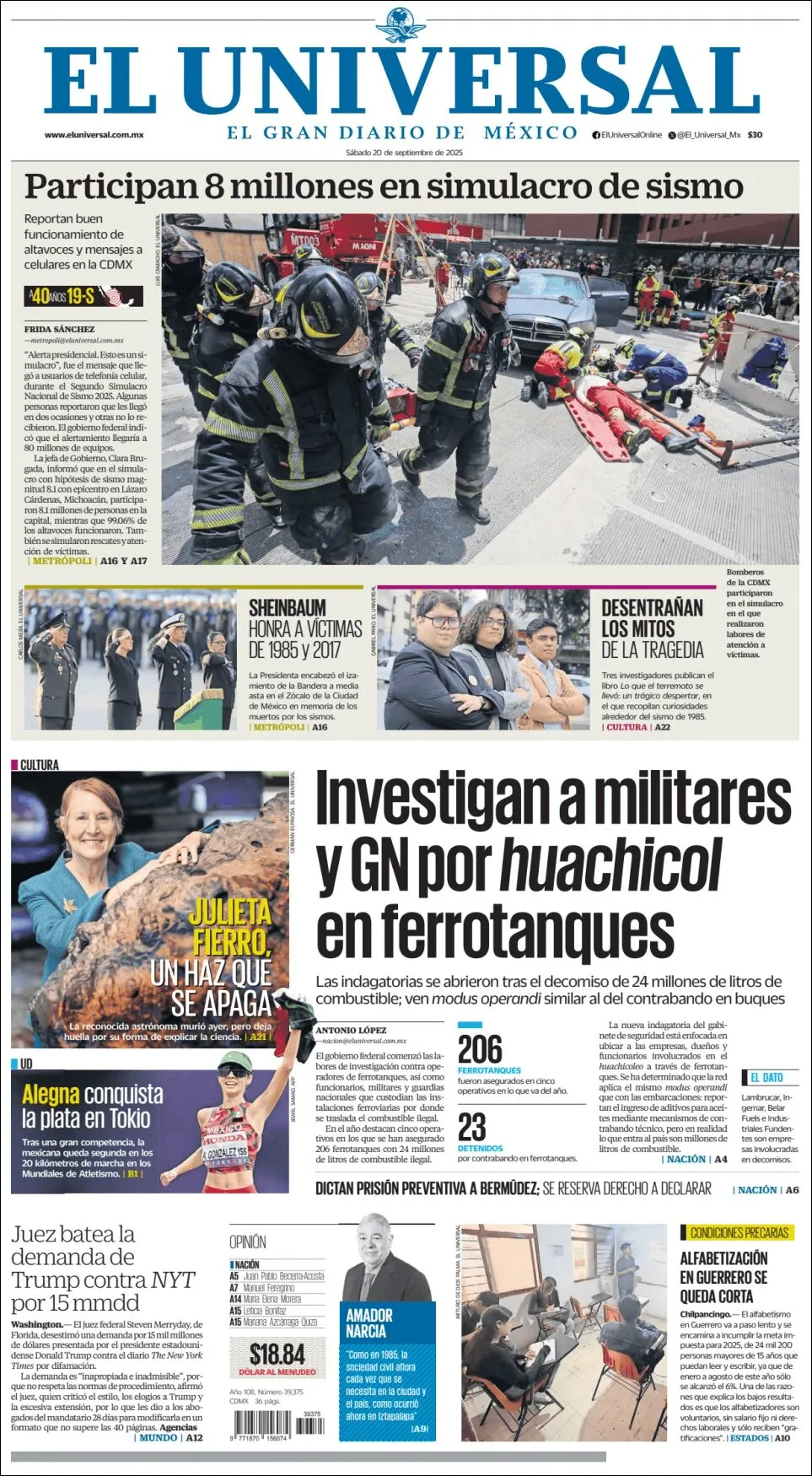 Portada de El Universal del sábado, 20 de septiembre de 2025