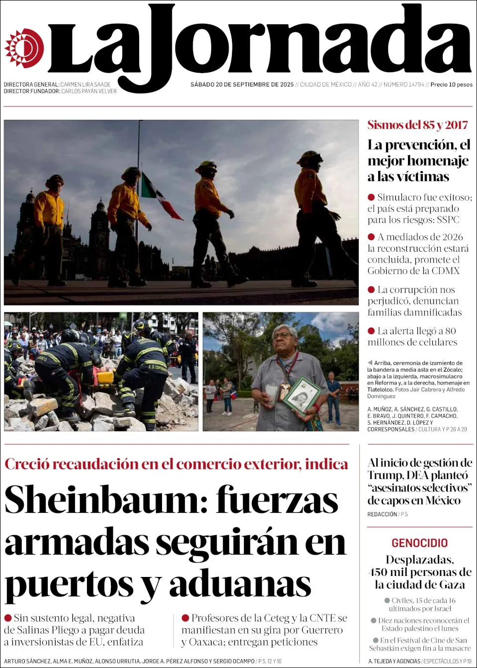 Portada de La Jornada del sábado, 20 de septiembre de 2025
