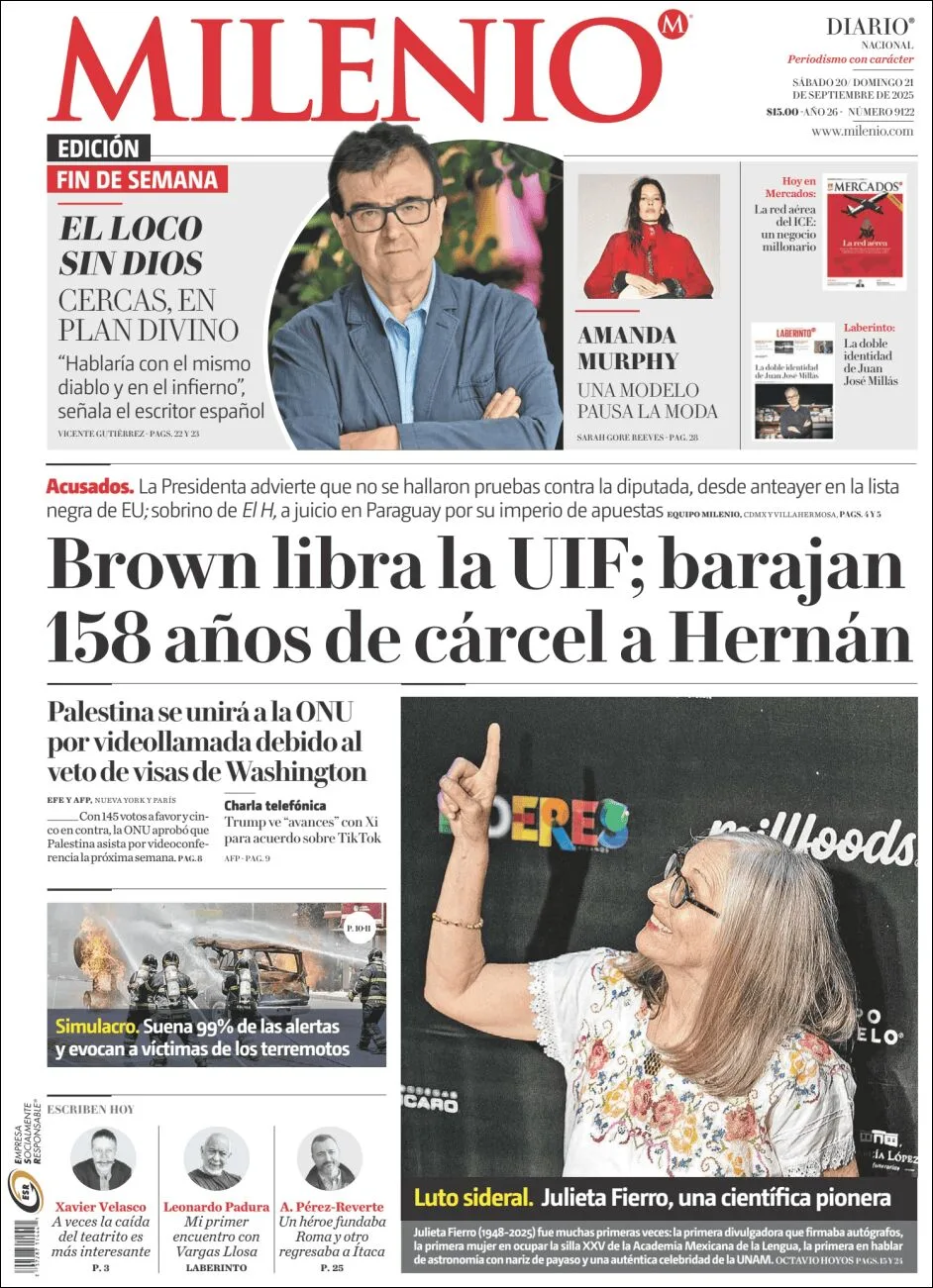 Portada de Milenio del domingo, 21 de septiembre de 2025