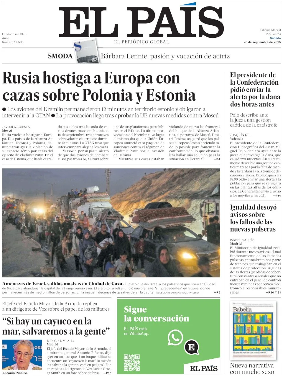 Portada de El Pais del sábado, 20 de septiembre de 2025