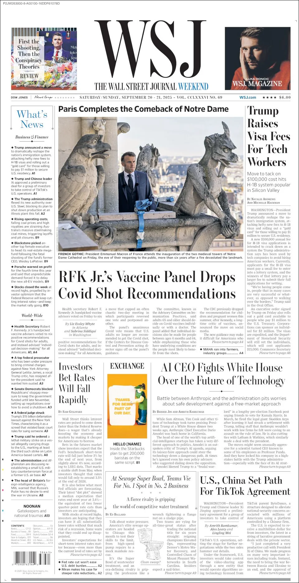 Portada de The Wall Street Journal del sábado, 20 de septiembre de 2025