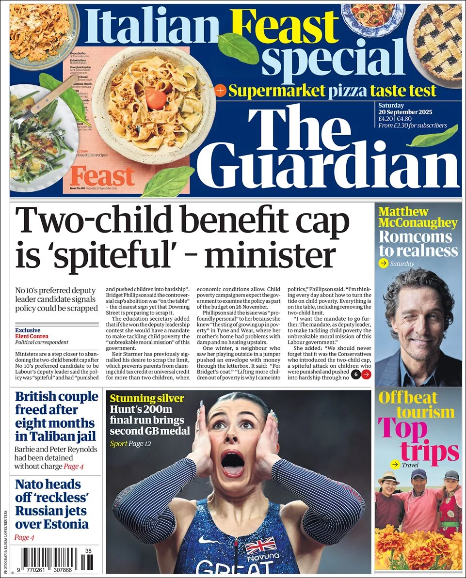 Portada de The Guardian (reino Unido) del sábado, 20 de septiembre de 2025