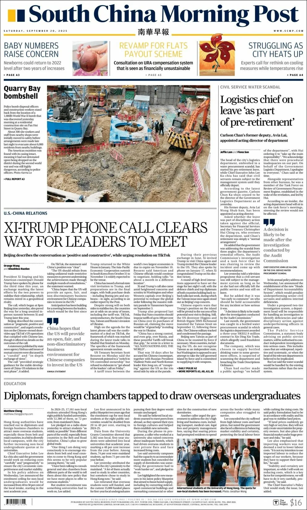Portada de South China Morning Post del sábado, 20 de septiembre de 2025