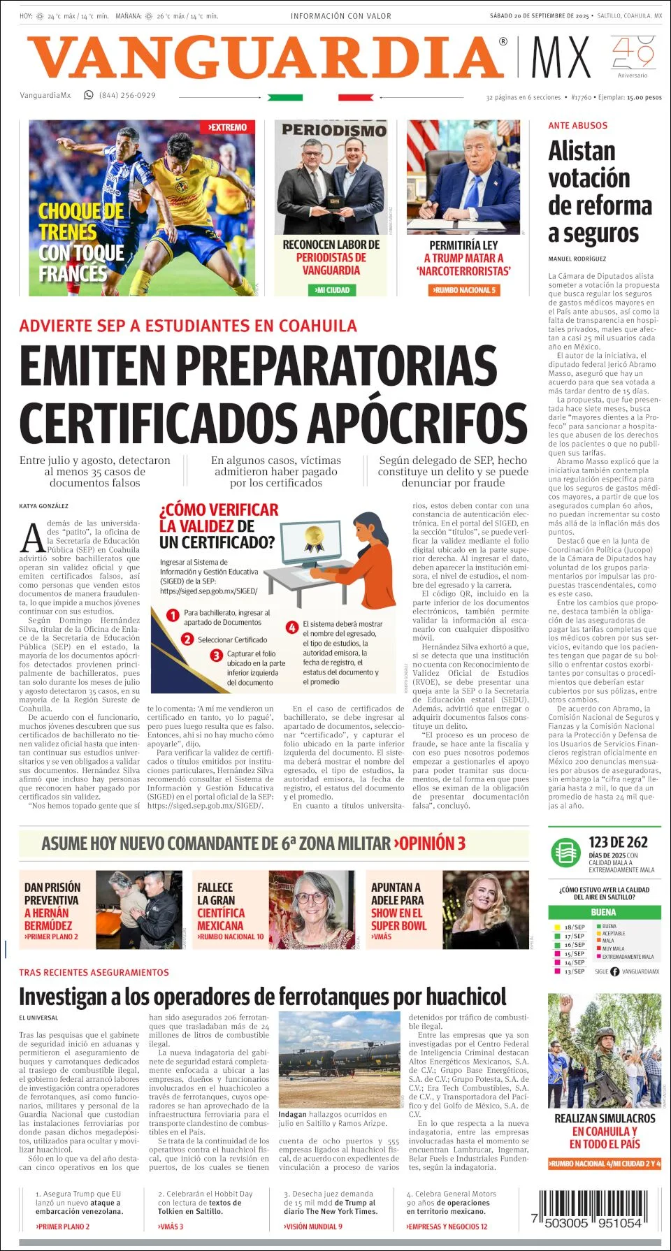 Portada de Vanguardia del sábado, 20 de septiembre de 2025