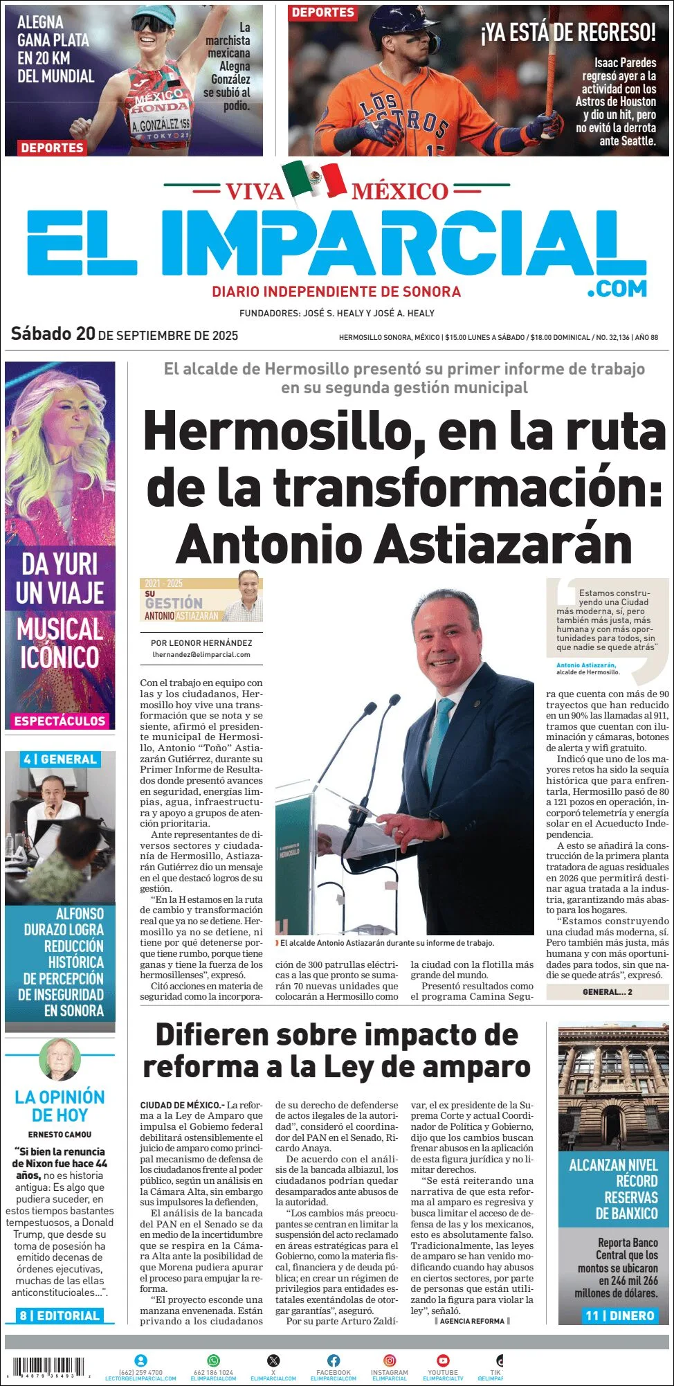 Portada de El Imparcial del sábado, 20 de septiembre de 2025