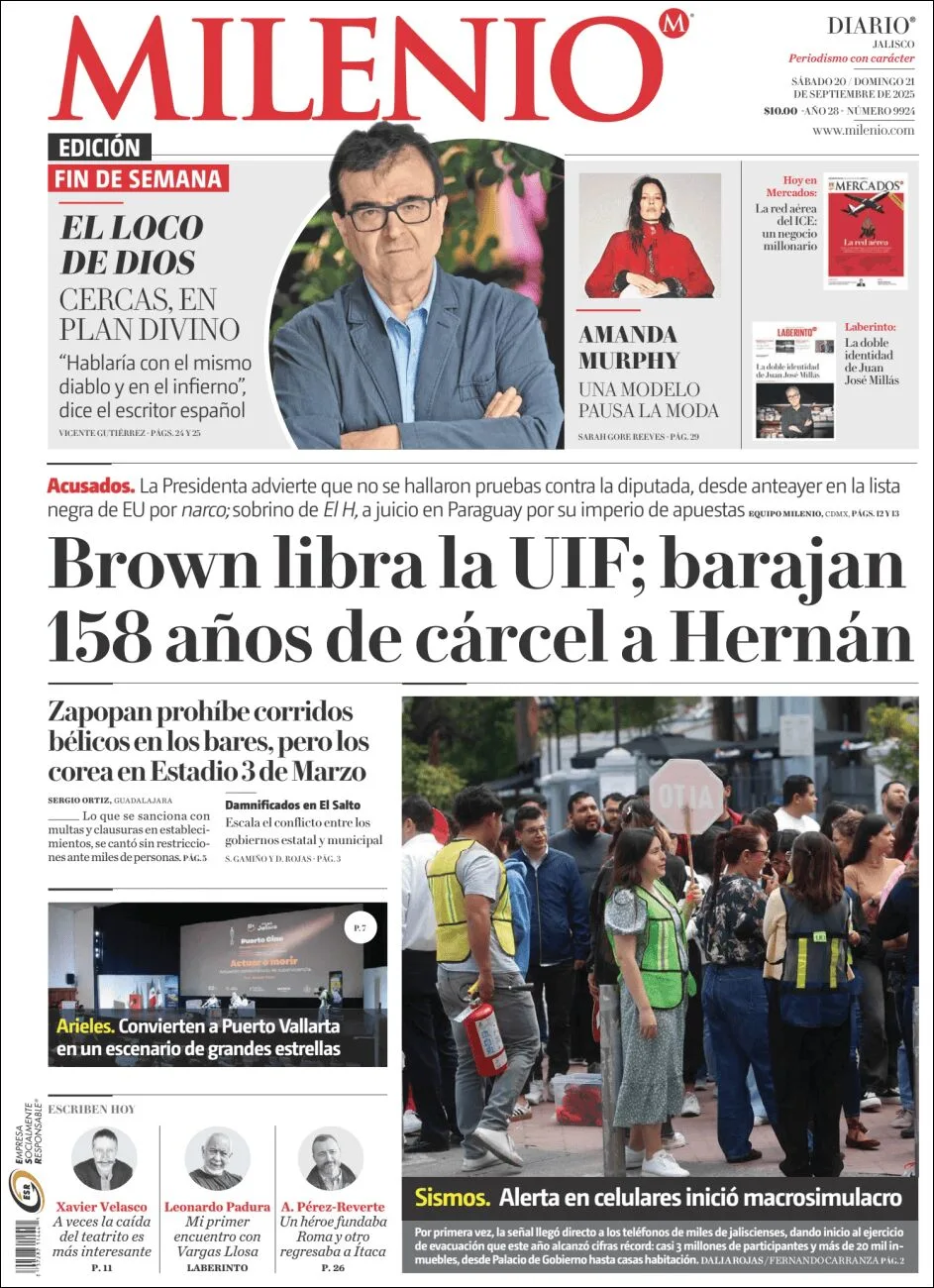 Portada de Milenio Jalisco del domingo, 21 de septiembre de 2025
