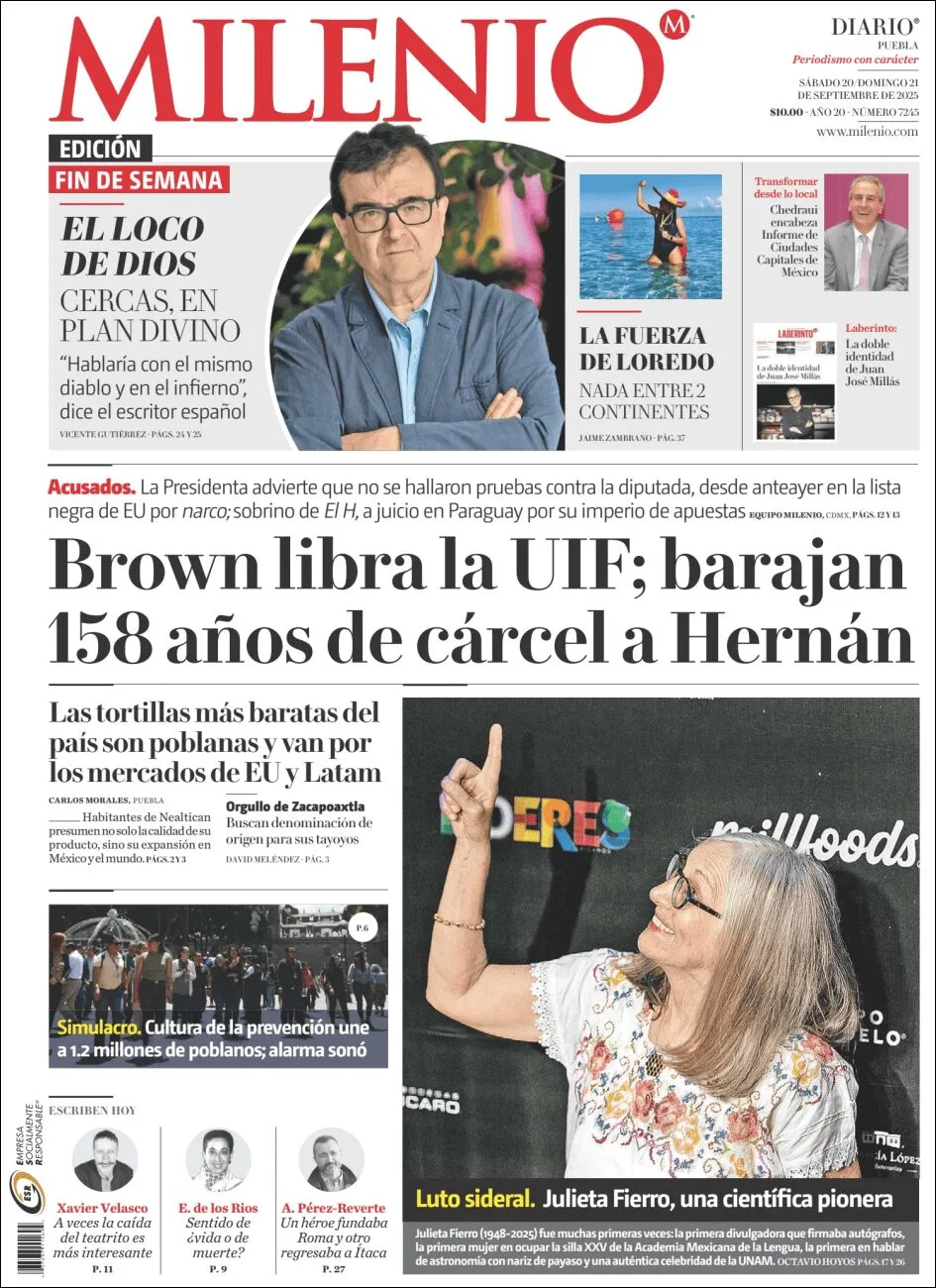 Portada de Milenio Puebla del domingo, 28 de septiembre de 2025