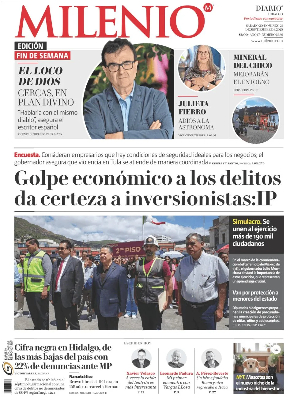 Portada de Milenio Hidalgo del domingo, 21 de septiembre de 2025