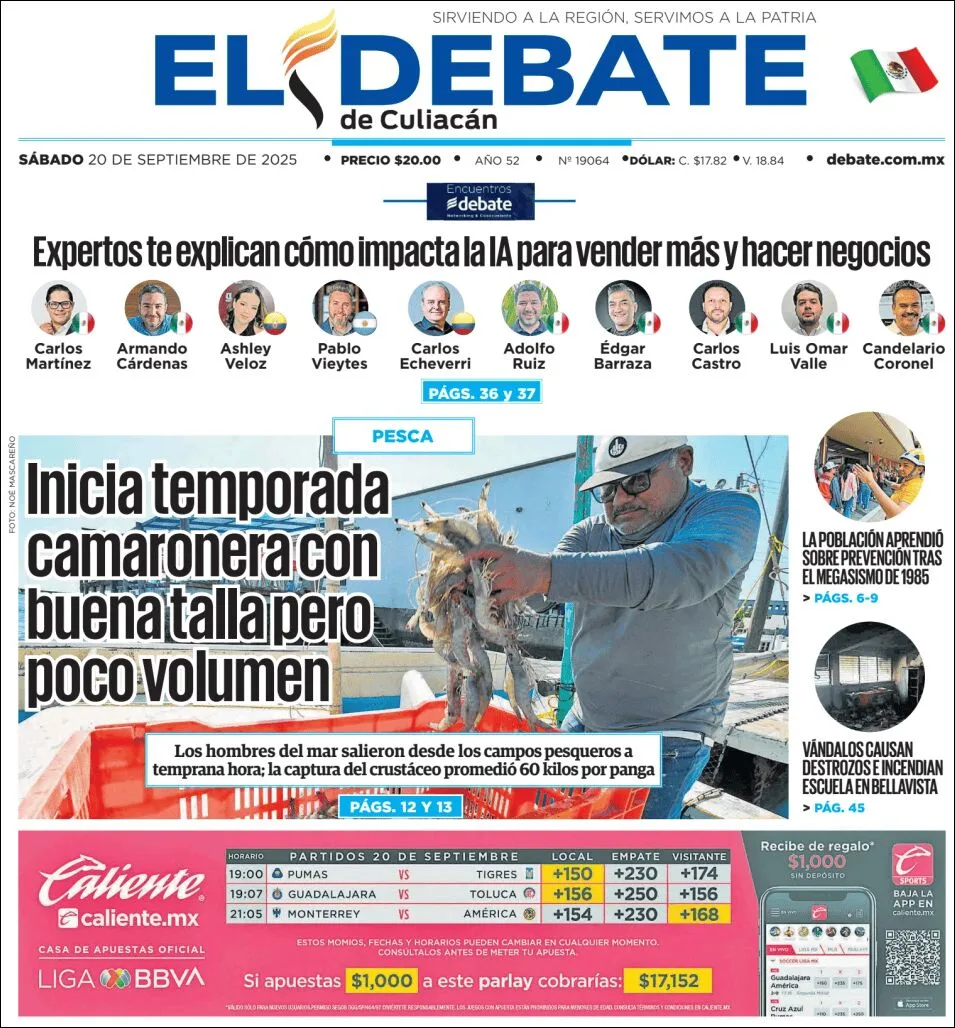 Portada de El Debate de Culiacan del sábado, 20 de septiembre de 2025