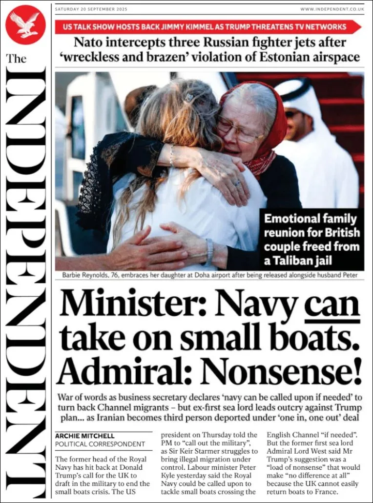 Portada de The Independent del sábado, 20 de septiembre de 2025