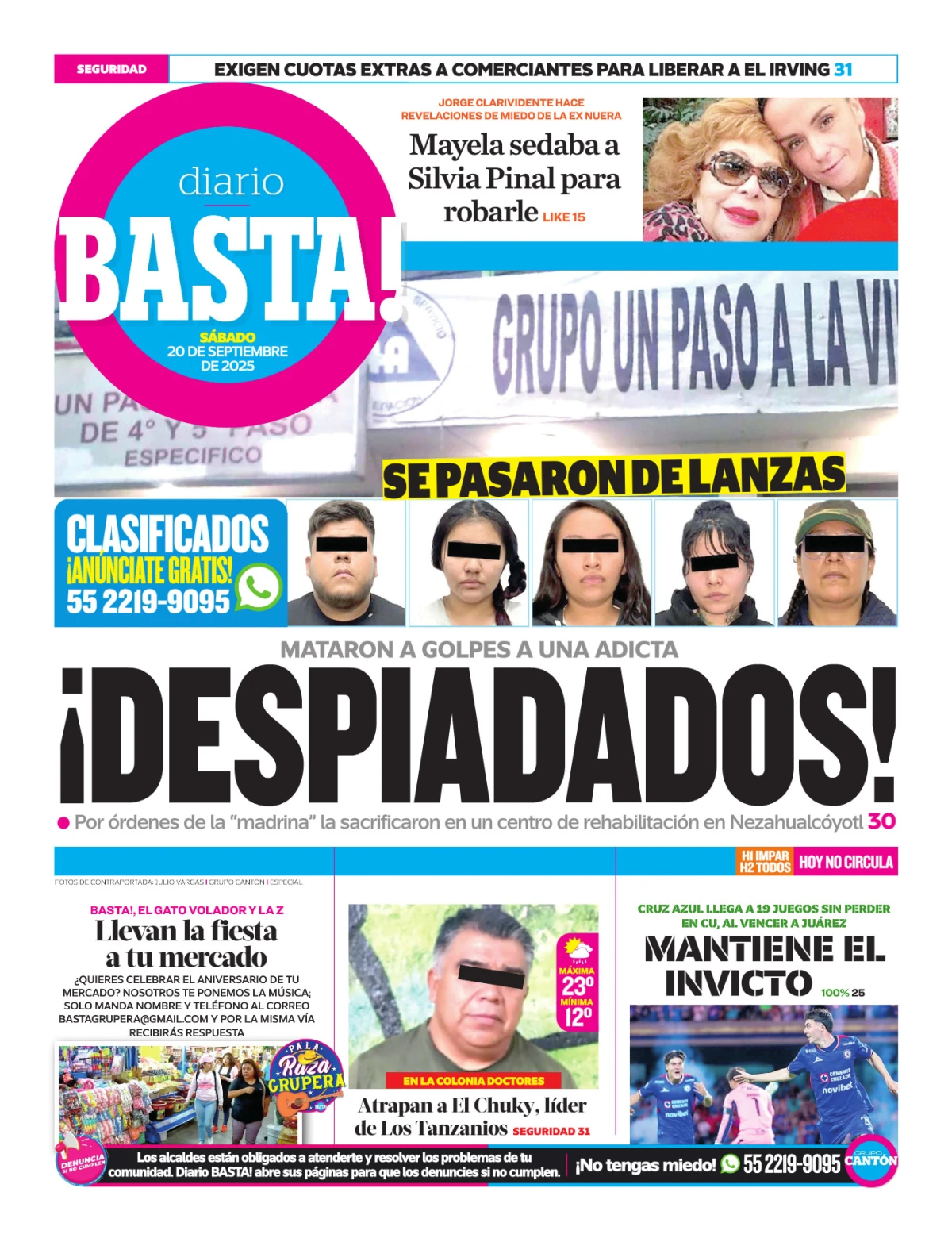 Portada de Basta! (contraportada ) del sábado, 20 de septiembre de 2025