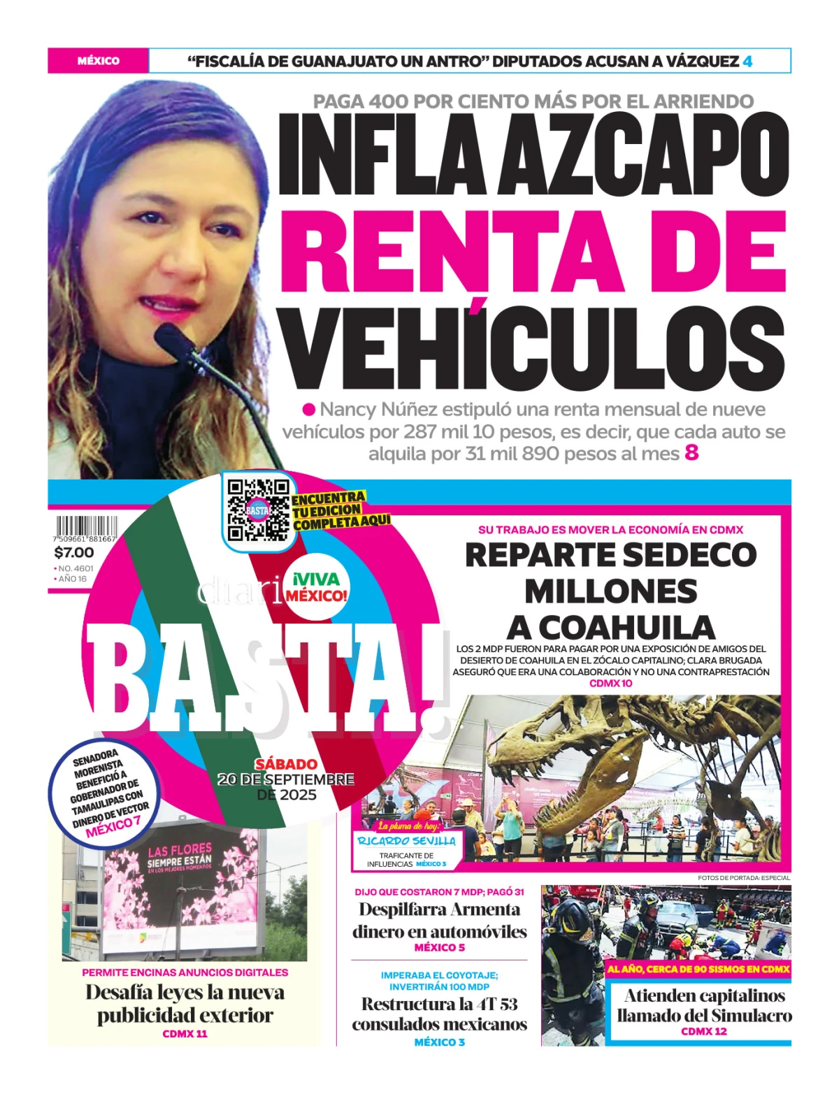 Portada de Basta! (portada) del sábado, 20 de septiembre de 2025