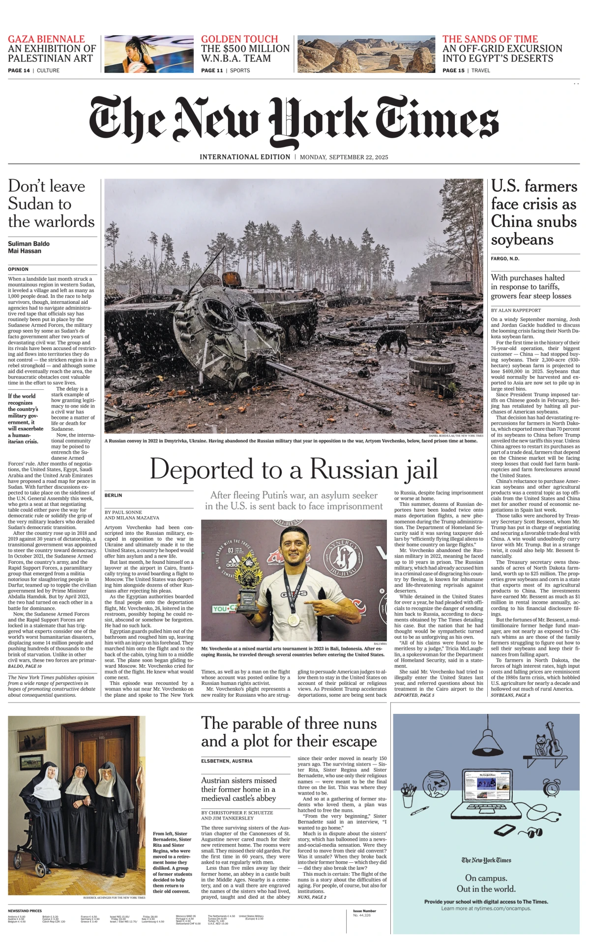 Portada de The New York Times (international) del lunes, 22 de septiembre de 2025