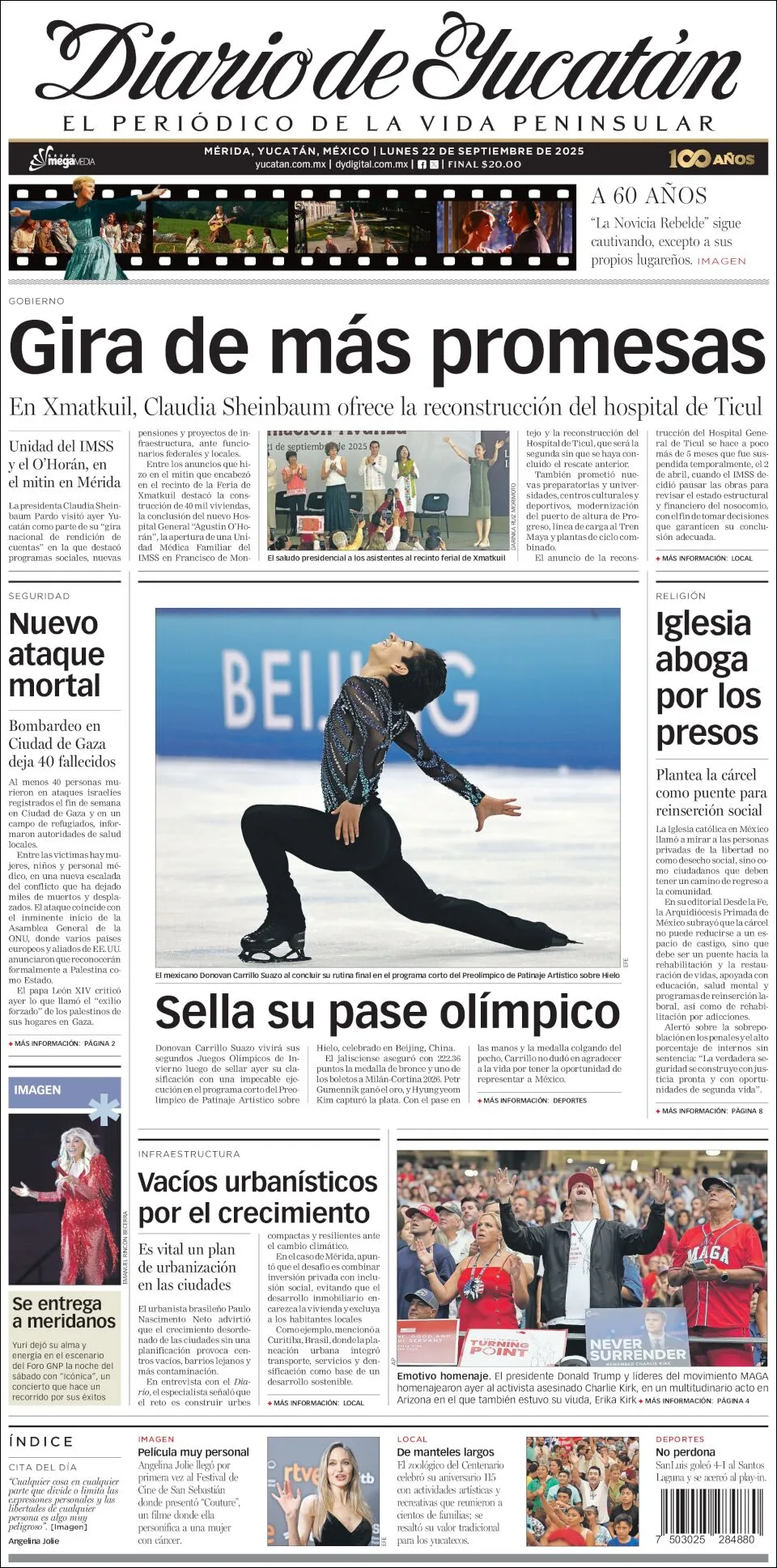Portada de Diario de Yucatán del lunes, 22 de septiembre de 2025
