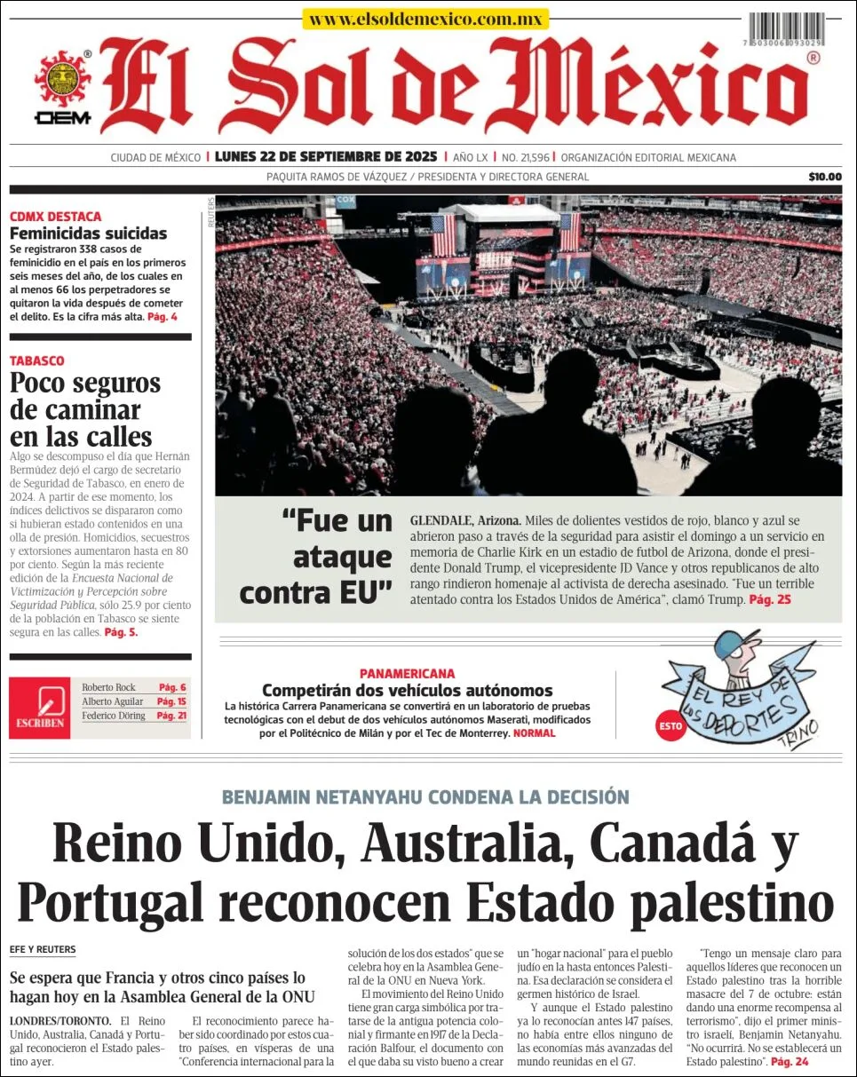 Portada de El Sol de Mexico del lunes, 22 de septiembre de 2025