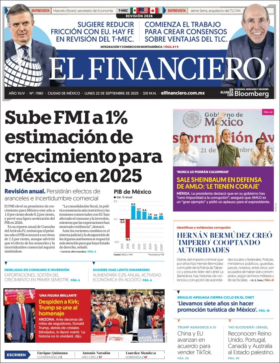Portada de El Financiero del lunes, 22 de septiembre de 2025