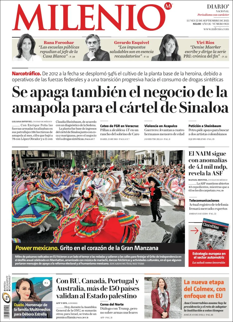 Portada de Milenio del lunes, 22 de septiembre de 2025