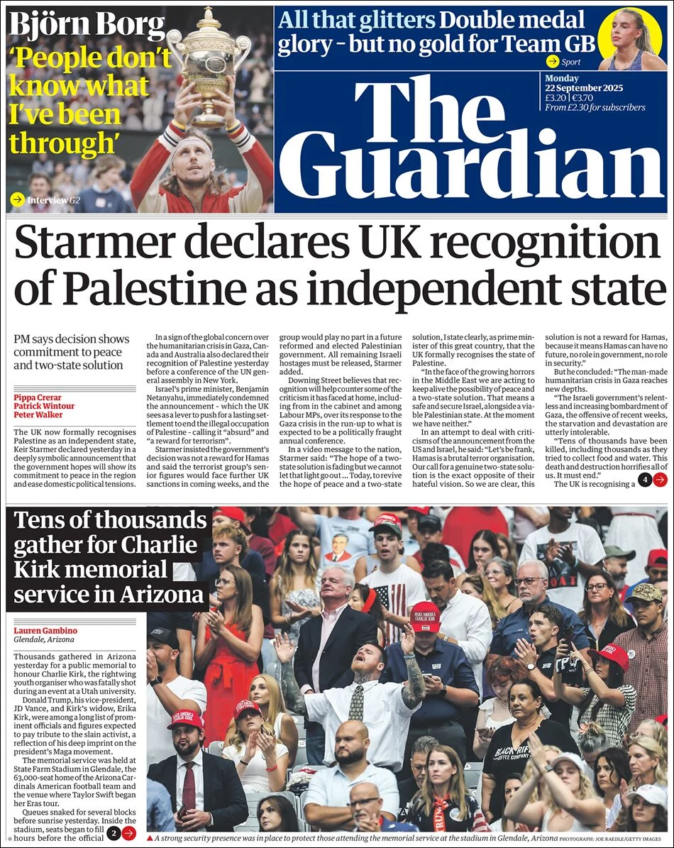 Portada de The Guardian (reino Unido) del lunes, 22 de septiembre de 2025