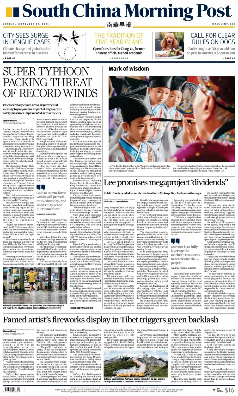 Portada de South China Morning Post del lunes, 22 de septiembre de 2025