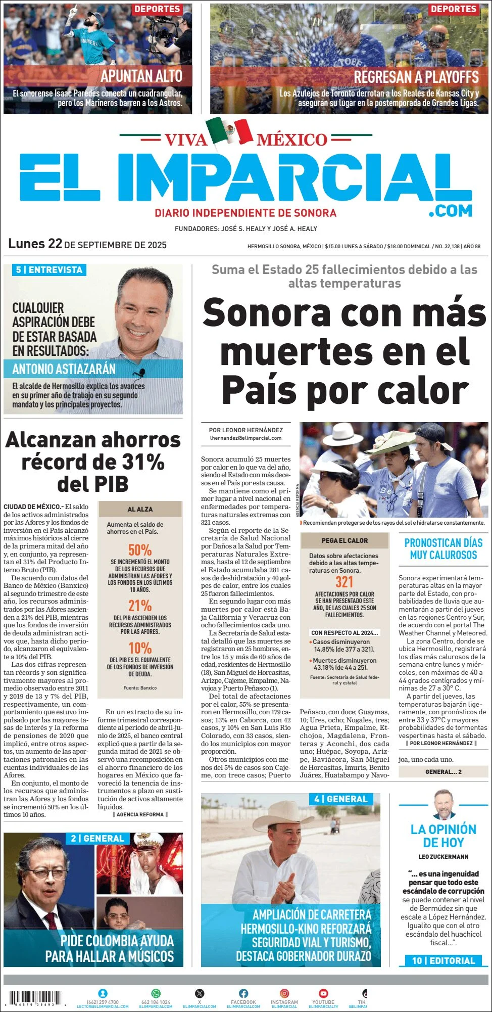 Portada de El Imparcial del lunes, 22 de septiembre de 2025