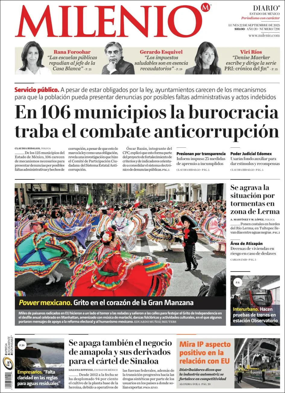 Portada de Milenio Edo de Mexico del lunes, 22 de septiembre de 2025