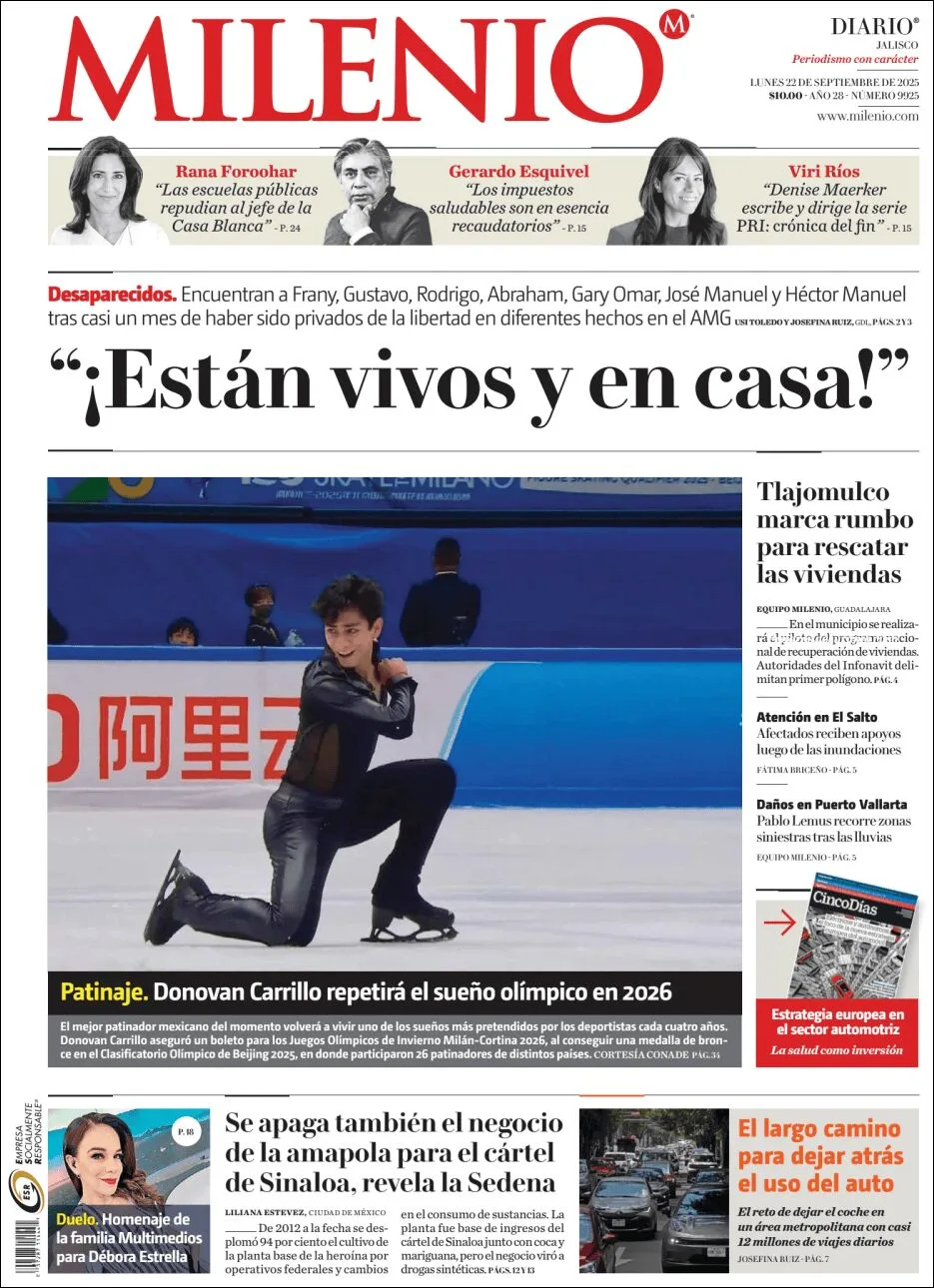 Portada de Milenio Jalisco del lunes, 22 de septiembre de 2025