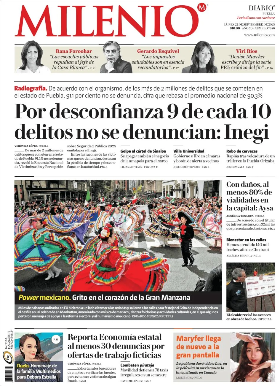 Portada de Milenio Puebla del lunes, 22 de septiembre de 2025